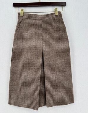 Vintage Paul Stuart Brown Houndstooth Wool Pleated Pencil Skirt Sz 8
